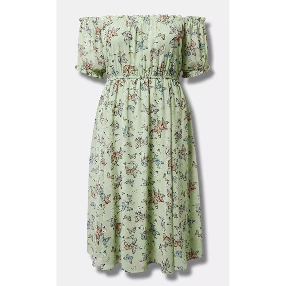 Torrid Green Chiffon Butterfly Print Peasant Midi Dress - Picture 2 of 10